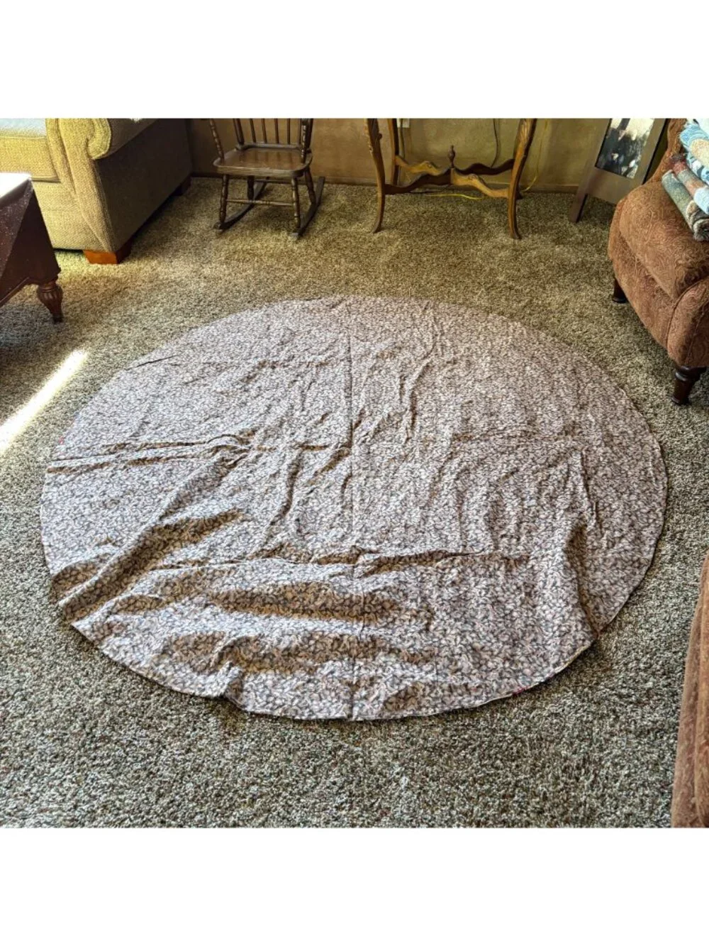 Homemade Tablecloth Patchwork 70in Round Circular Quilt Leafs Blue Maroon Tan